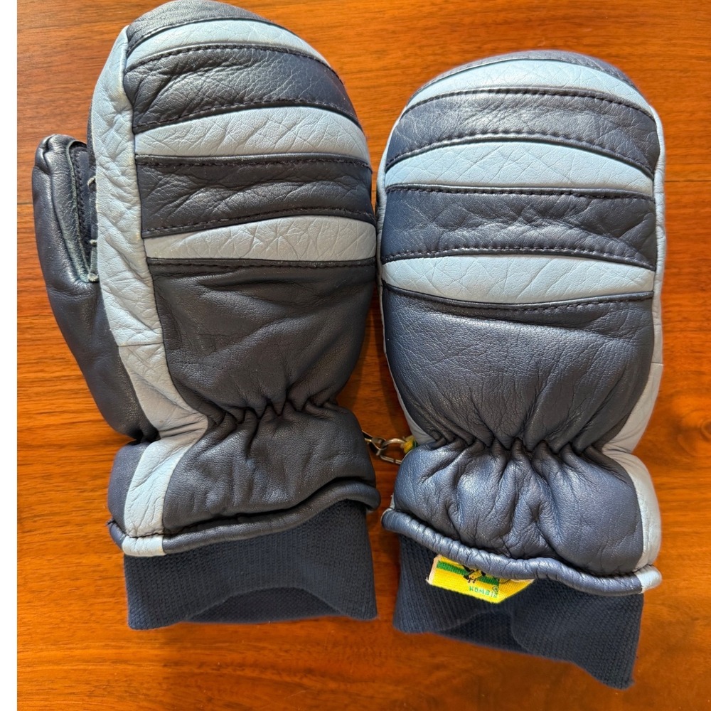 Vintage Kombidown Blue Leather Down Insulated Ski Mittens Winter Gloves